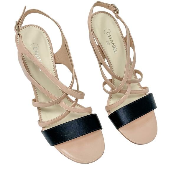 Chanel Neutral Strappy Pearl Detail CC Logo High Heel Sandals size 38.5 US7.5 - Picture 6 of 16